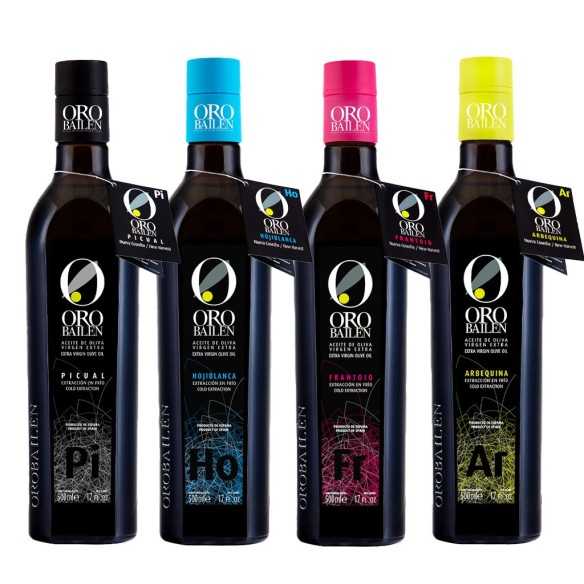Oro Bailen Reserva Beknad olivolja Set 4 x 500 ml - Hojiblanca, Picual, Arbequina, Frantoio