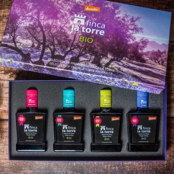 Pudełko upominkowe Finca la Torre zawierające 4 czyste oliwy z oliwek