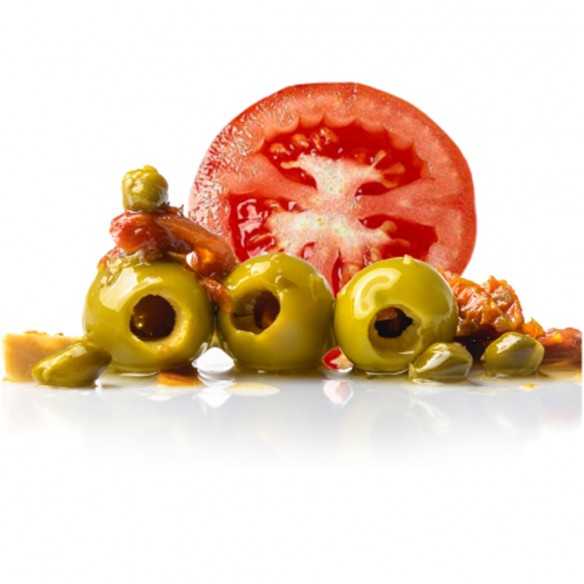 Gordal Oliven mit getrockneten Tomaten und Kapern in Öl - Triana Olivas Amphora 300 g