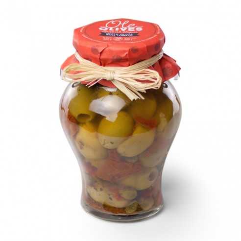 Gordal Olives with Dried Tomato and Capers in Oil - Triana Olivas Amphora 300 g