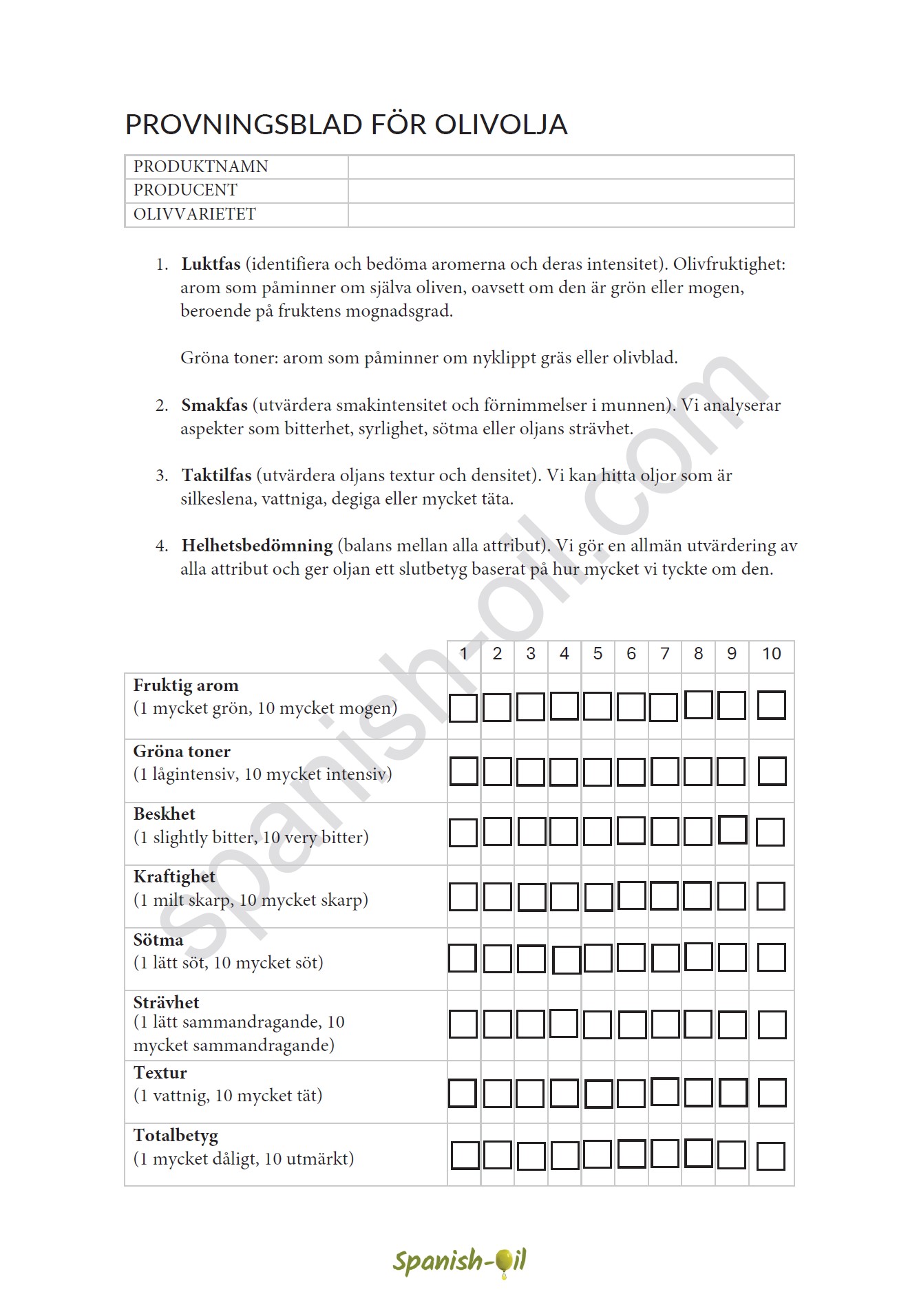 provningsblad för olivolja i PDF